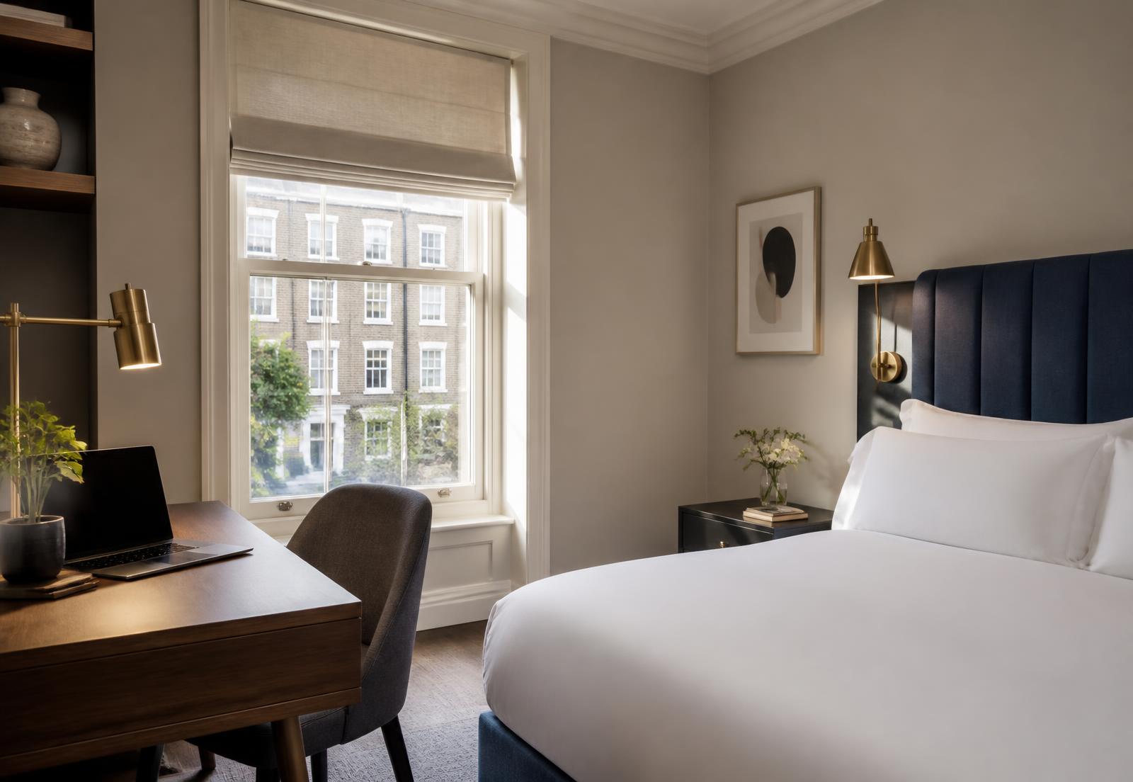 Serviced apartment bedroom with a desk workspace for long professional stays