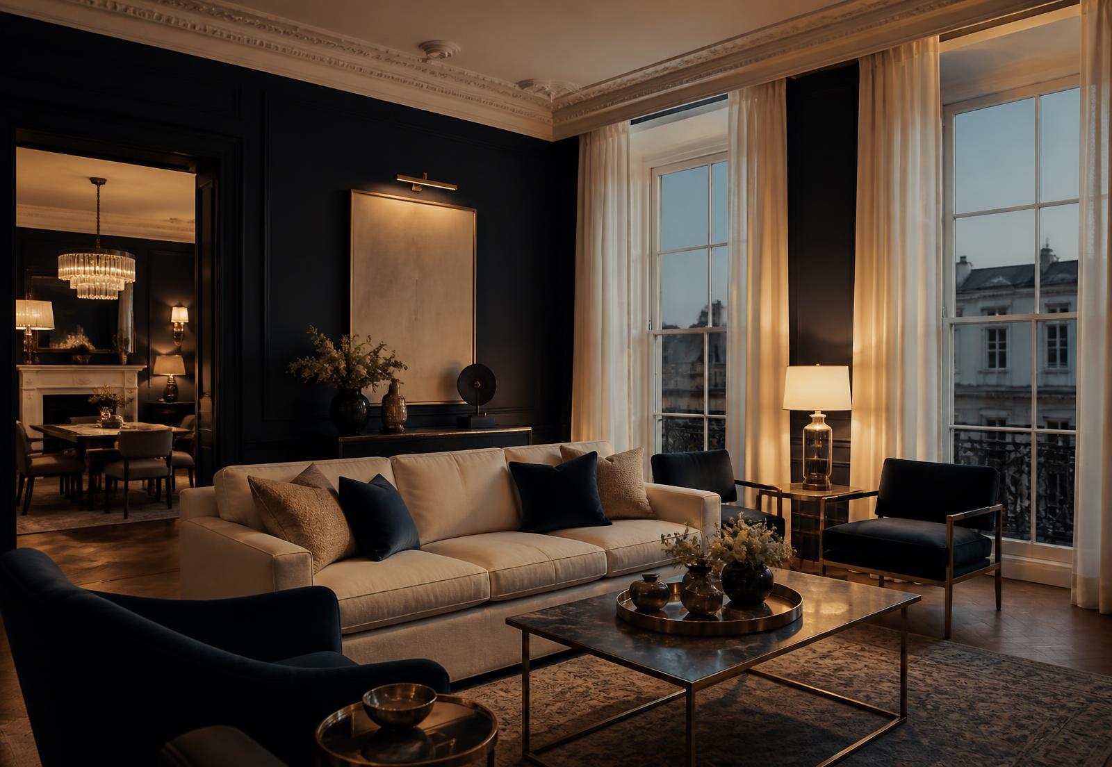 Elegant navy and cream living room in a managed prime London apartment