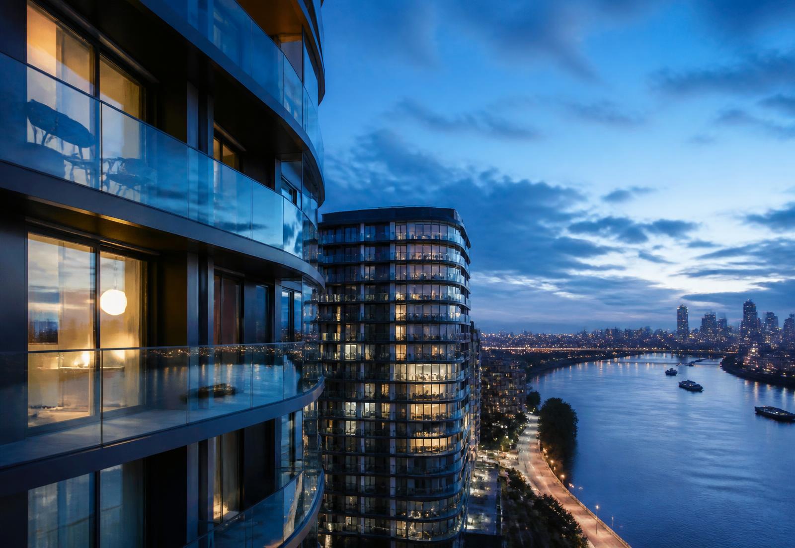 Riverside apartment towers beside the Thames at dusk